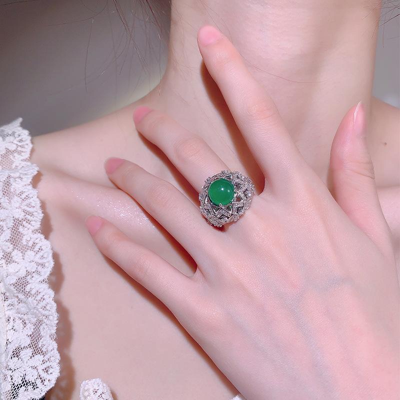 Hao Inlaid with Diamond Temperament Yuan Shape Imitation Royal Blue Red Corundum Zircon Chalcedony Ring Drop Glaze Open Ring Female