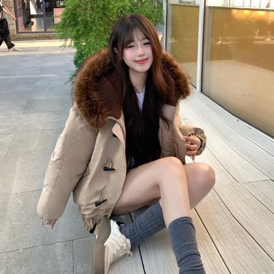 Winter Women's Hooded Short Down Coat  Oversized Horn Button