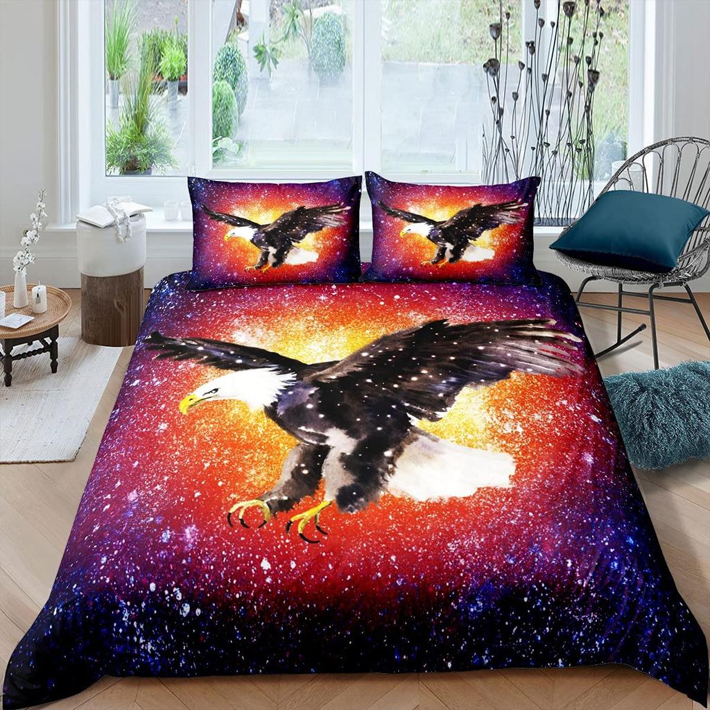 Geometric Eagle Duvet Cover Sets Full Size,Gold Starry Galaxy Bedding Set 3pcs,Abstract Mountain View Nature Animals Quilt Cove