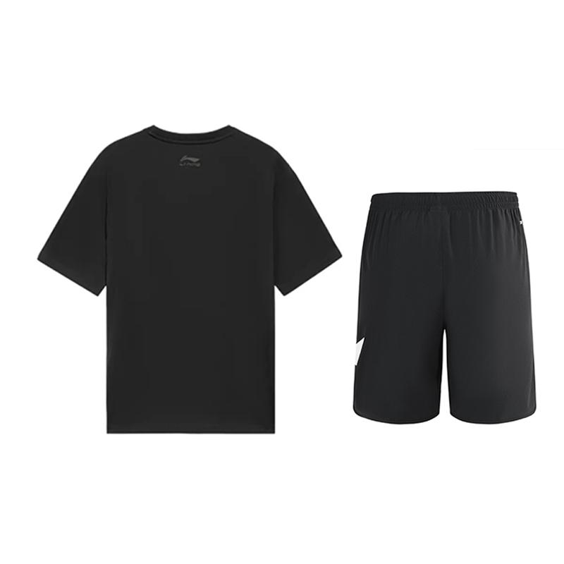 Li-Ning Letter Logo Print Round Neck Short Sleeve T-Shirt And Mid Waist Shorts Casual Sports Set Unisex Sets Black AHST815-1+YKSV197-2