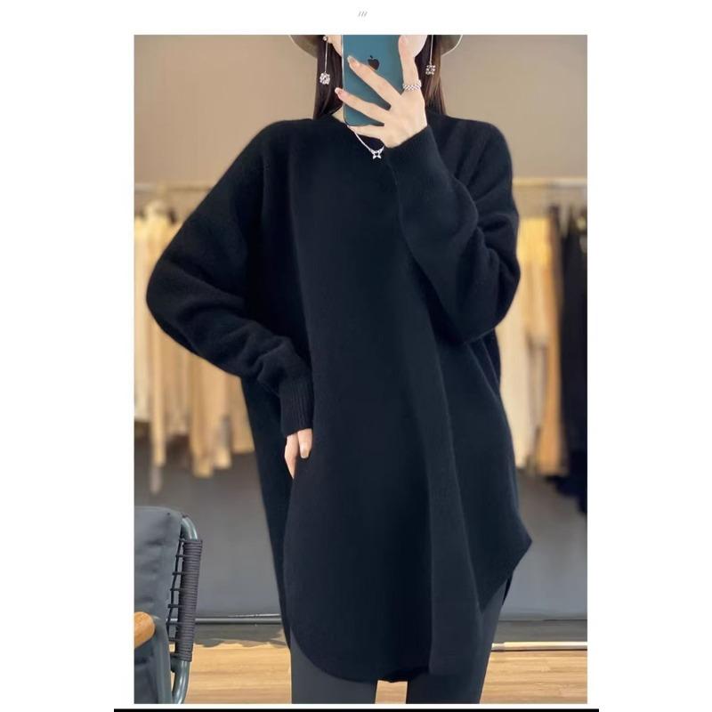 Autumn and winter new sweaters women's medium and long lazy wind round neck soft waxy skin-friendly knitted sweater loose top