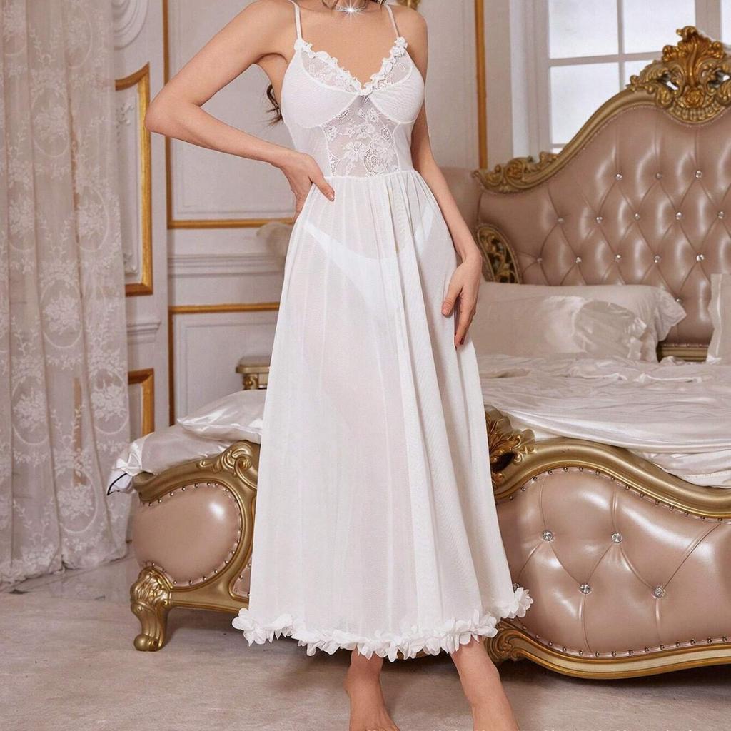 Sexy Nachthemd Pyjama tiefer V-Ausschnitt seitlicher Schlitz schmaler Träger Nachthemd Damen