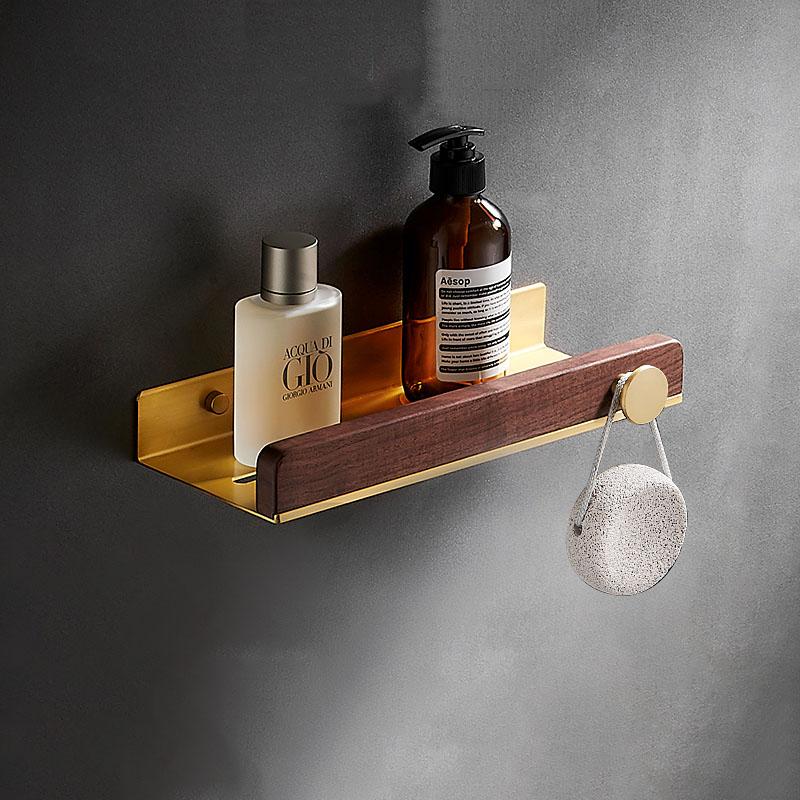 30-50cm Brushed Gold Bathroom Corner Shelf Wall-mounted Shower Room Toilet Walnut Wood Cosmetic Storage Rack with Hook Rod
