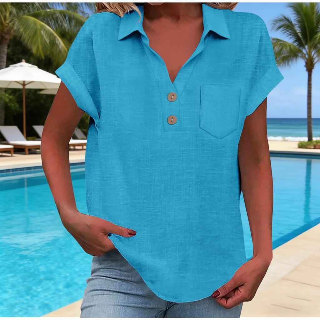 Women's Fashion Casual -Colour Buttoned Pocket Collared Short-Sleeved Shirt T-Shirt Top