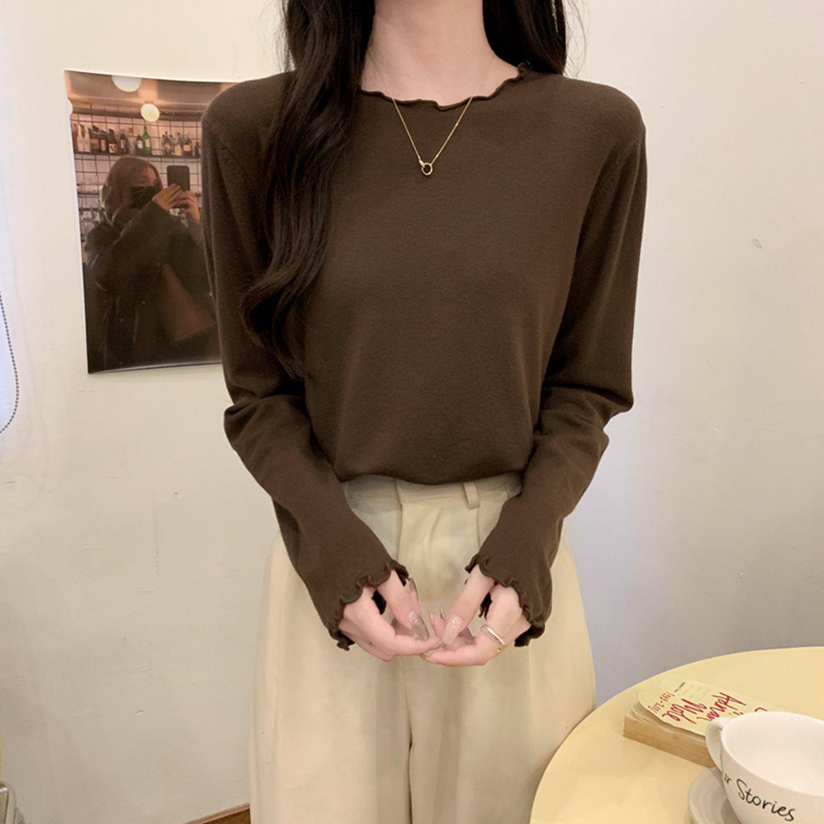 

Women s Korean Style Slim Fit Round Neck Knit Sweater - Solid Color, Long Sleeve, Spring/Autumn Wear XL