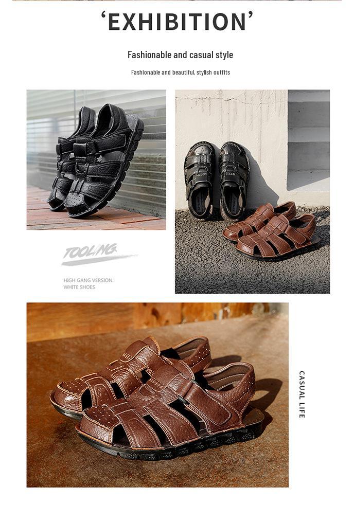Men's Soft Leather Sandals: Summer Breathable, Non-Slip, Hollowed-Out, Soft Sole Beach Slippers for Students & Middle-Aged Dads