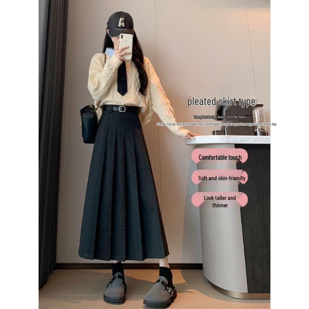 2024 New High Waist Black Woolen Pleated Midi Skirt for Autumn/Winter