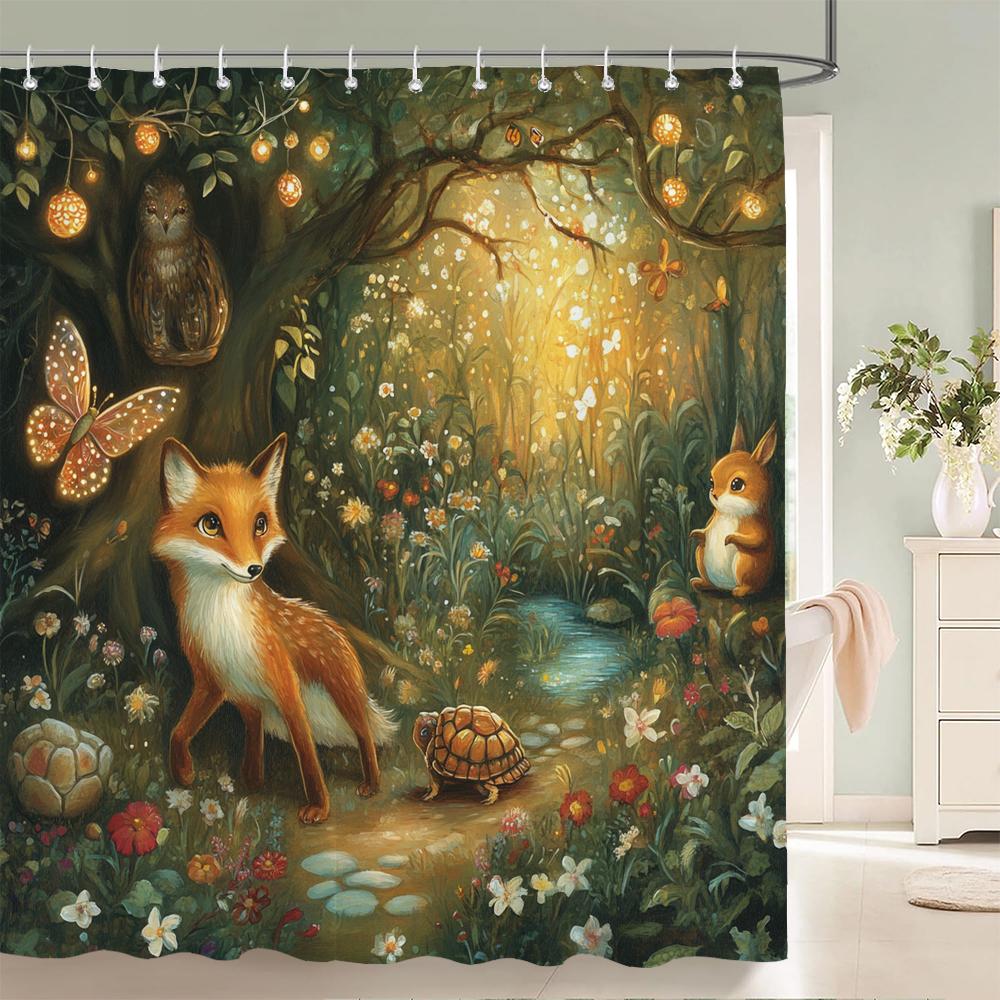 Cute Rabbit Cheerful Shower Curtain, Green Fresh Floral Spring Bathroom Decorative Shower Curtain, Waterproof Shower Curtain