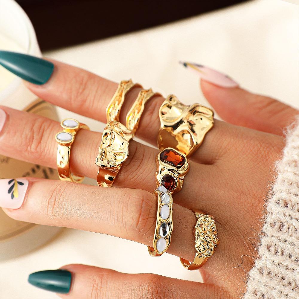 8pcs Set Exaggerated Retro Irregular Geometry Liquid Metal Adjustable Opening Rings for Women Fashion Finger Jewelry Sets Gifts