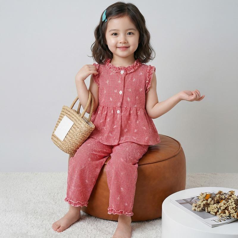 Sweet Little Girls Plaid Lace Vest Long Pants Two Piece Clothing Set