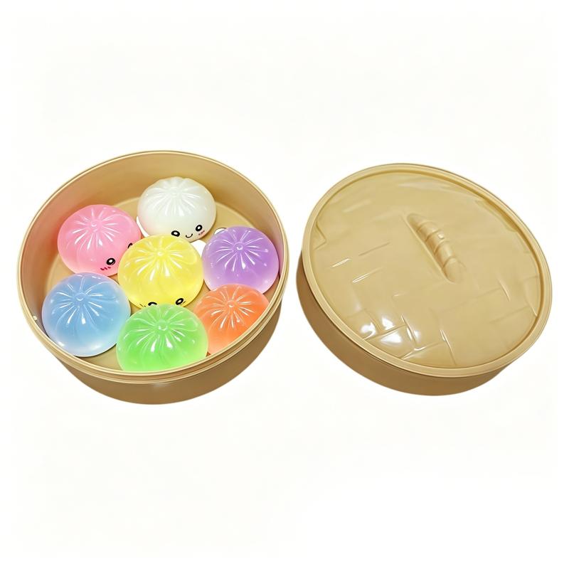 7Pcs Mini Dumplings With Steamer Bun Squeezable Toys Set Soft Stress Relief Crystal Squeeze Fidget Sensory Toy Party Favors Gift