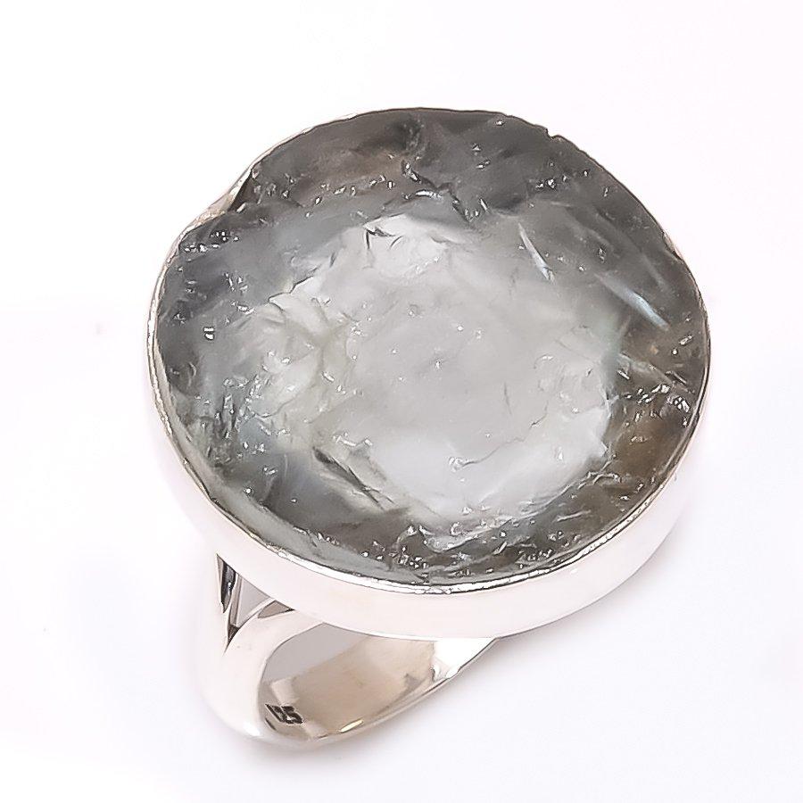 Anel de presente de prata esterlina sólida 925 com pedra preciosa bruta natural de água-marinha S.8 I3M36