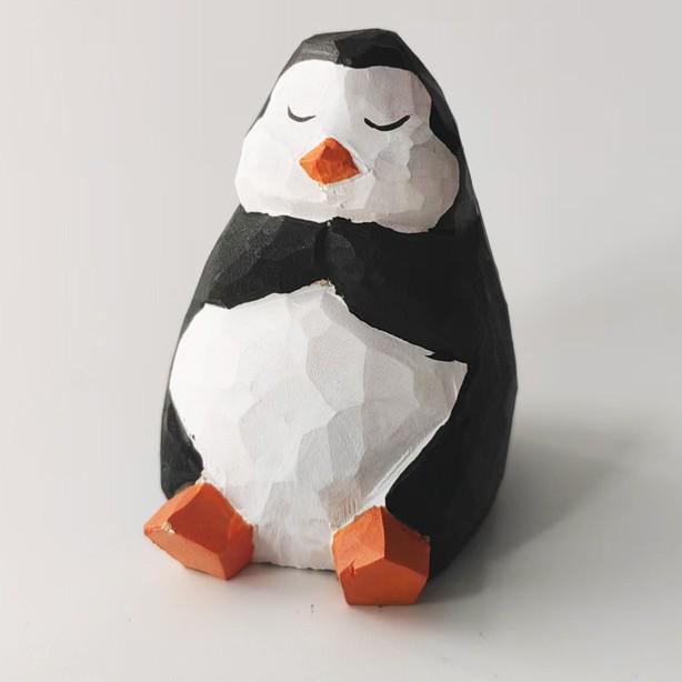 Hand-Carved Solid Wood Fishing Penguin Ornament – Cute Wooden Penguin Decoration