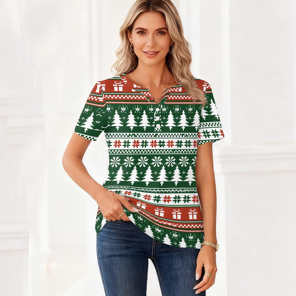 Women's Casual Christmas Print V-Neck Short Sleeve Button T-Shirt Top for Women