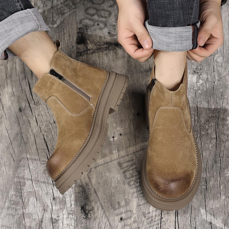Men's 2024 Vintage Chelsea Slip-On Ankle Boots - Autumn/Winter British Style, Mid-Top Thick Sole for Outdoor Wear.