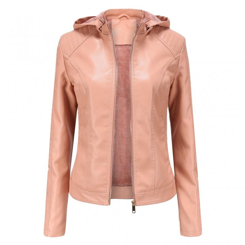 Womens Plus Size Faux Leather Hooded Jacket Warm Casual Short Coat Fall Winter