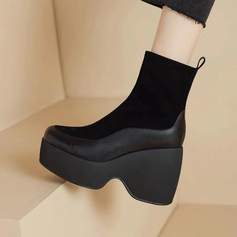 

Модные женские замшевые ботильоны на платформе с высоким каблуком, женская обувь 2025 года, модные зимние туфли-лодочки для прогулок, новые зимние сапоги Mujer Botas 38 чёрный