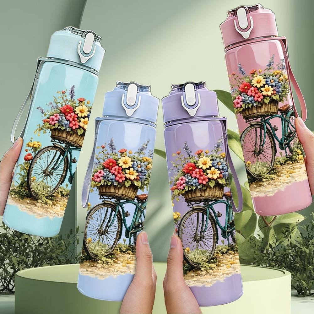 1PC Bicycle Flower Basket Art Print 750ml Color Plastic Sports Water Bottle Leakproof Flip Straw Lid Suitable for Sports Office Home Use
