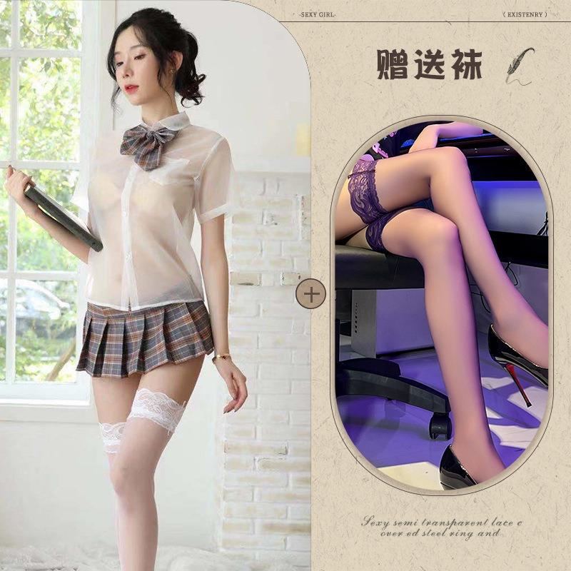 Sexy lingerie girls' school wear transparent shirt short skirt girls' uniform suit pure and sweet temptation tight