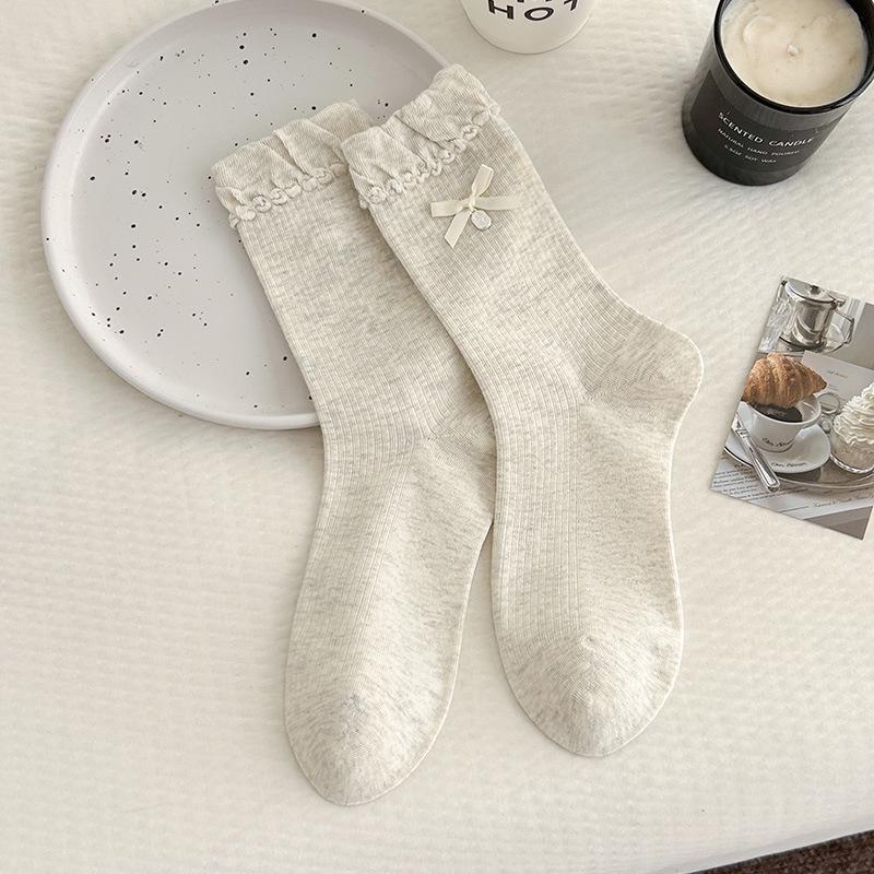 Bow Lace Miu Cartoon Off-White Mid-Calf Socks with Wood Ear Trim - Autumn Trendy Accessories