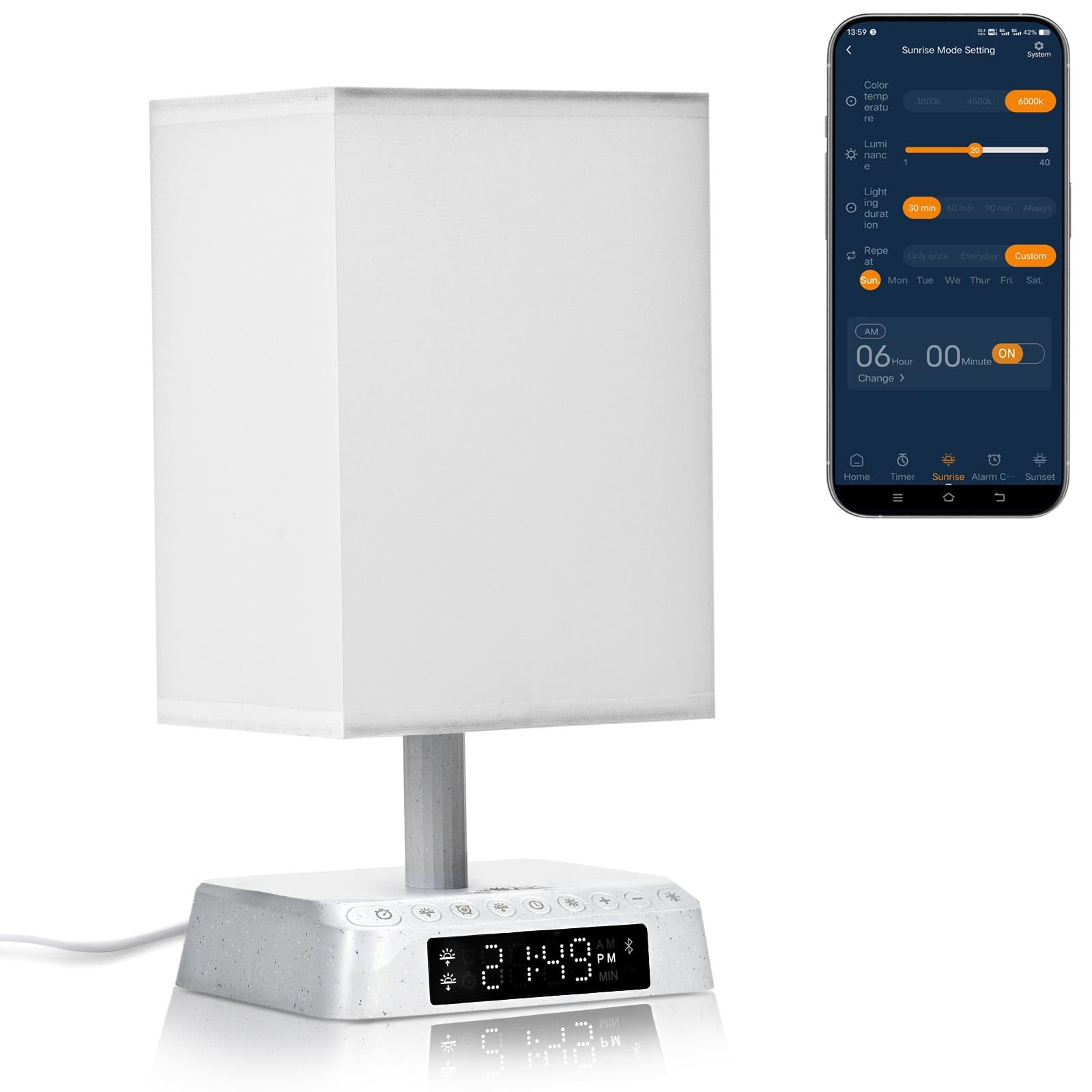 

Bedside Lamp, APP-Controlled Table Lamp - Sound and Light Alarm Clock with Biological Clock Adjustment, SunriseSunset Simulation, 3 Dimmable Colors,
