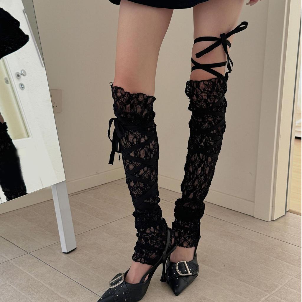 Women Aesthetic Lace Thigh High Leg Warmers with Tie Bandage Japanese Ribbon Strappy Footless Long Socks Leg Covers