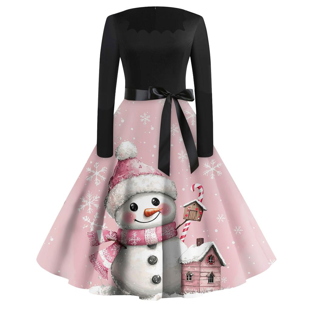 Women's Casual Fashion Printed Retro Square Neck Long Sleeve Dress