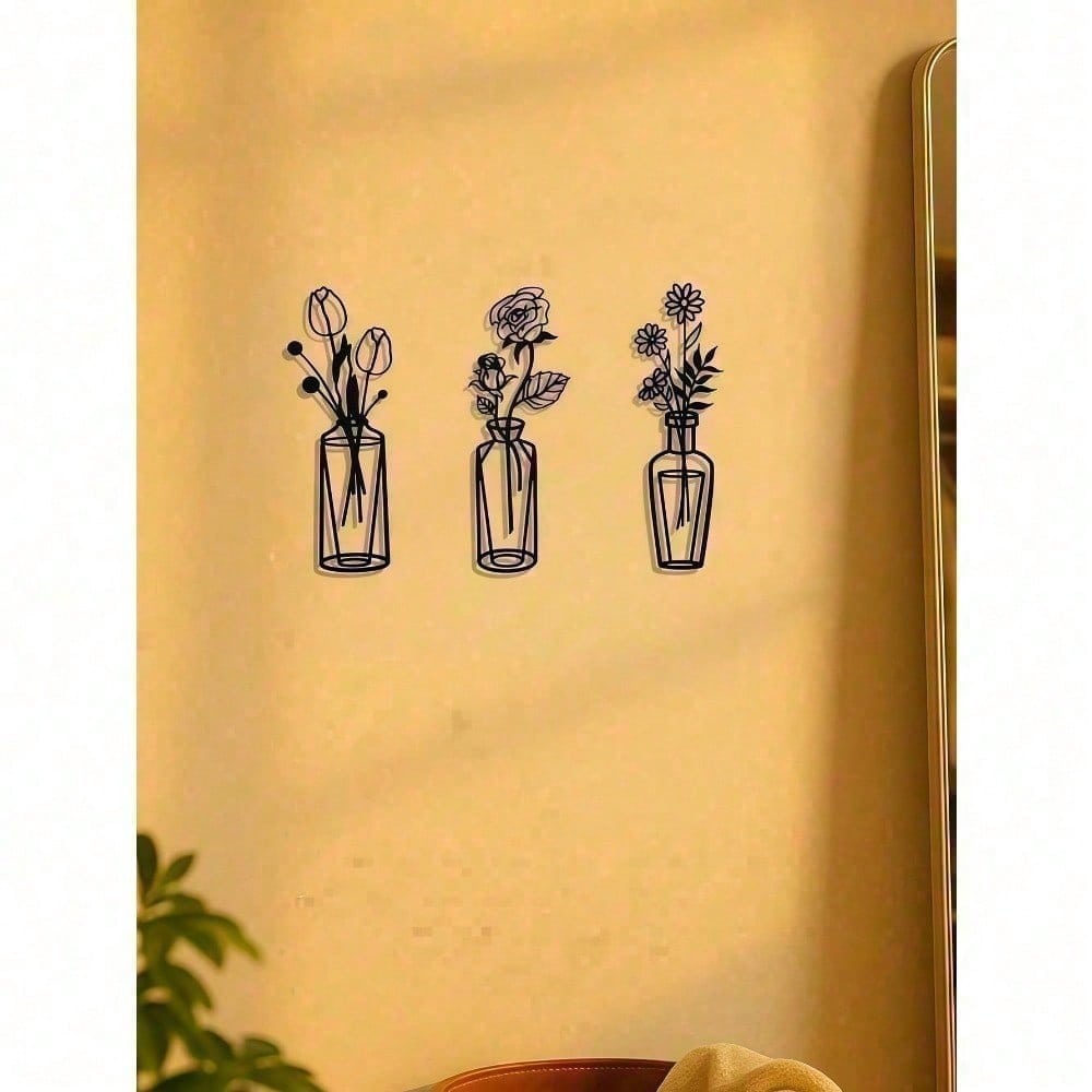 Vase Flower Metal Wall Art Set, Minimalist Floral Line Wall Decor