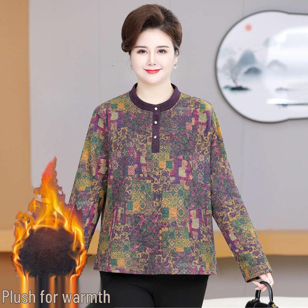Mom's Plus Size Velvet Thickened Long-Sleeve T-shirt for Middle-Aged & Elderly Women, Warm Round Neck Top