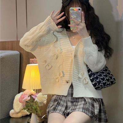 Autumn and Winter New Fashion Design Bow Sweater Women's French Sweet Lazy Wind Loose V-neck Knitted Cardigan
