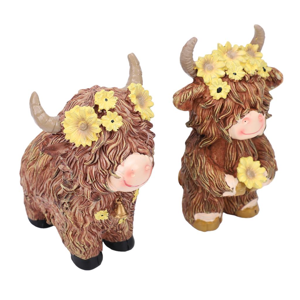 Flower Highland Cow Statue Cute Small Animal Figurines for Home Garden Kitchen Office