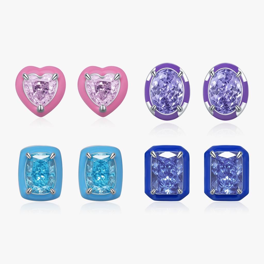 Orecchini Smaltati Multicolore Argento Sterling 925 Lusso Cuore Ovale Taglio Ghiaccio Frantumato Orecchini a Bottone in Zirconia Cubica per Donne Gioielli Raffinati