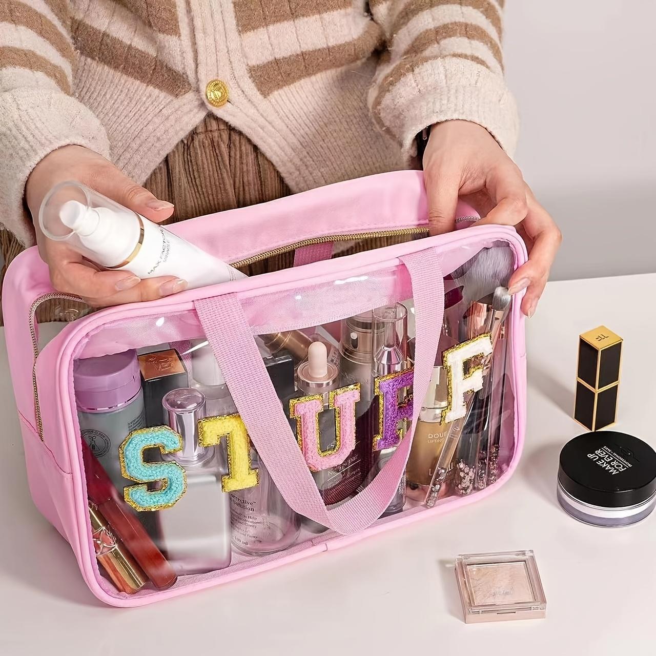 Toiletry Storage Bags, Large Capacity Travel Cosmetic Organizers, Chenille Letter Cosmetic Bags, Transparent Makeup Pouches