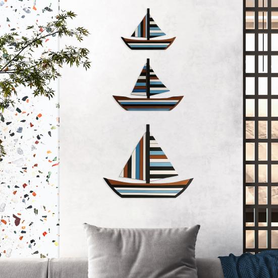 Yousheng 3 Pcs Wooden Sailboat Wall Decor Coastal Nautical Hanging Sailboat Wall Art Rustic Ocean Shipping Boat Sculpture for Home Bathroom Living