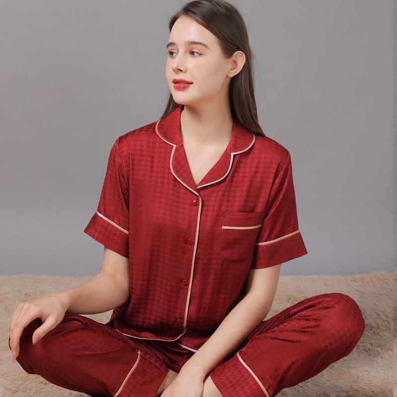 2022 Summer Ice Silk Couple Pajamas Set - Short Sleeve & Long Pants for Men & Women