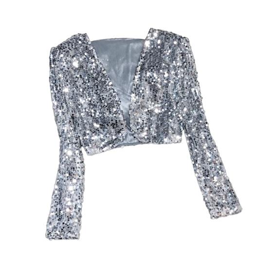 Women's Sequin Shrug Open Front Long Sleeve Cropped Bolero Jackets Sparkly Party Club Going Out Cardigan