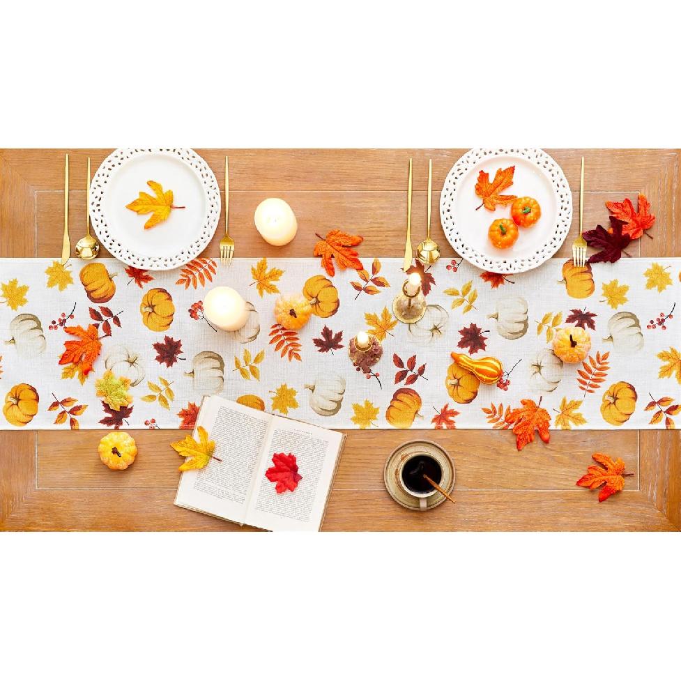 YATOJUZI Maple Leaf Pumpkin Table Runner - Fall Autumn Table Runners Home Kitchen Dining Table Decorations Decor for Thanksgiving Day Party - 13x72