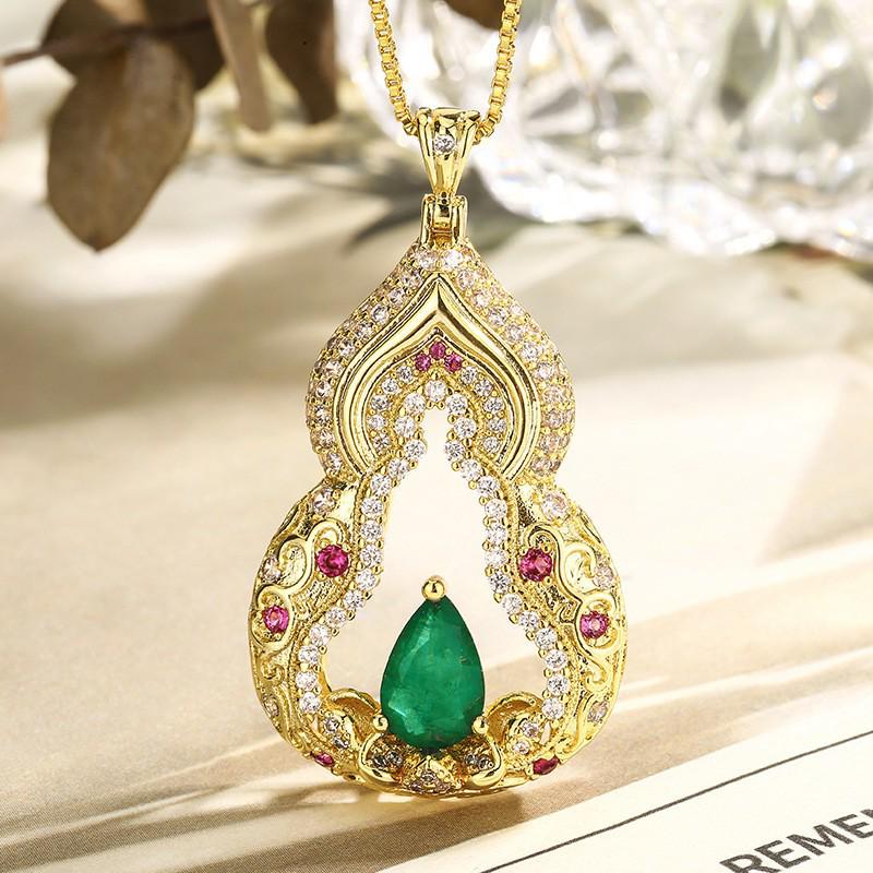 Exquisite Full Diamond Gourd Lotus Necklace with Carved Patterns and Gemstone Accents - New Chinese Style for Women