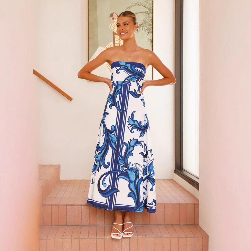 Women's Tube Top Beach Dress Floral Boho Strapless Maxi Summer Dresses Casual Off Shoulder Sleeveless High Waist Long Dresses for Women