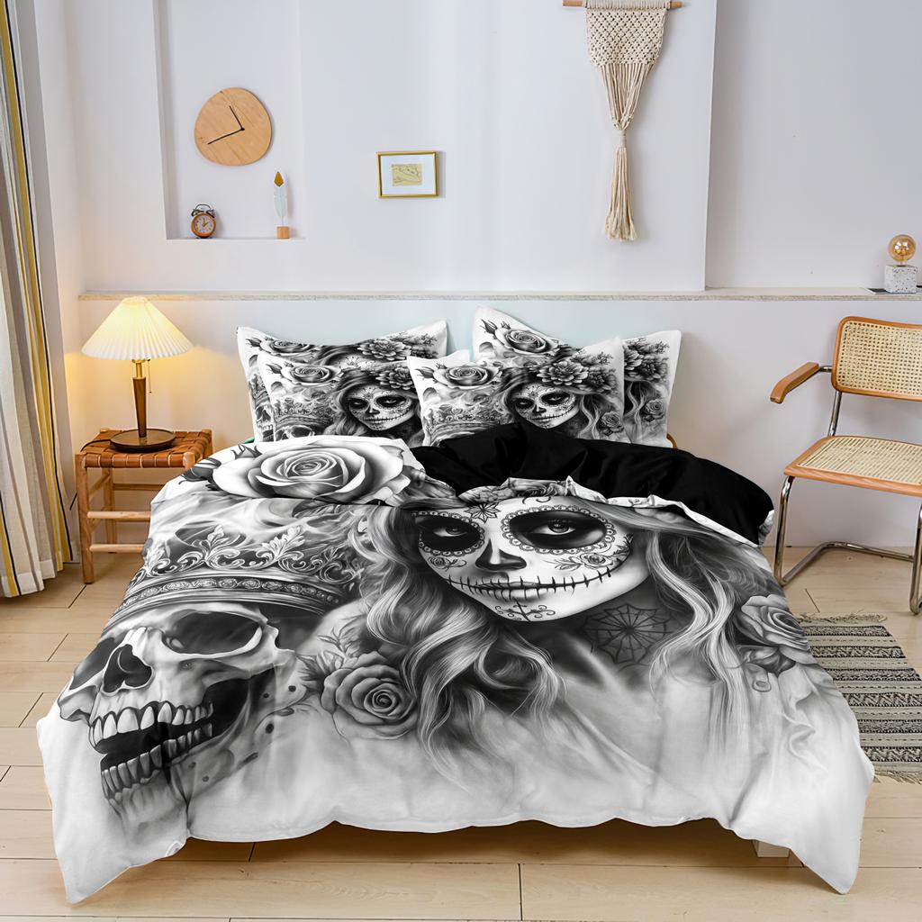 3Pcs Gothic Skull Queen Print Duvet Cover Set, Black White Floral Print Bedding Set, For Family Bedrooms Dormitories Hotels