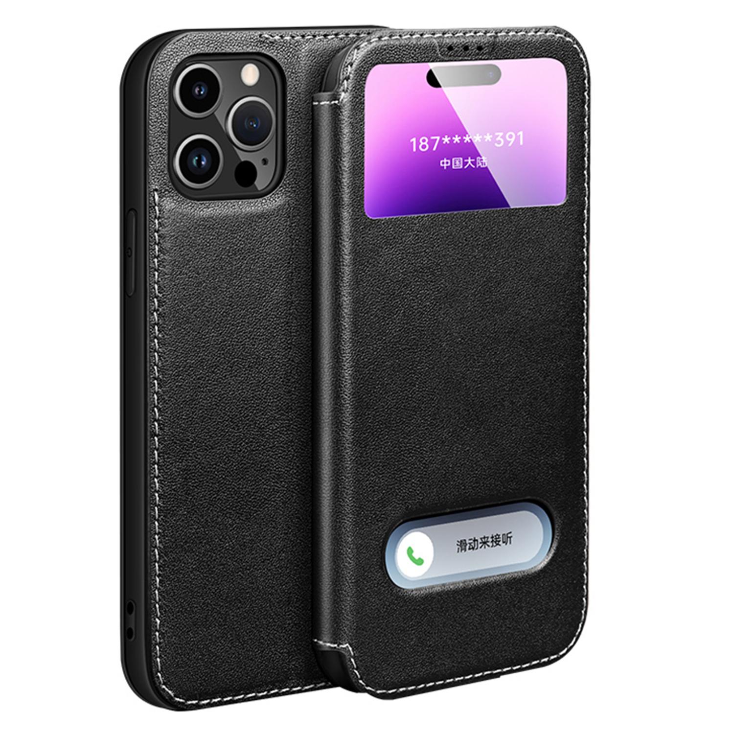 

Чехол для iPhone 16 Pro Max из натуральной коровьей кожи с окном для просмотра Black