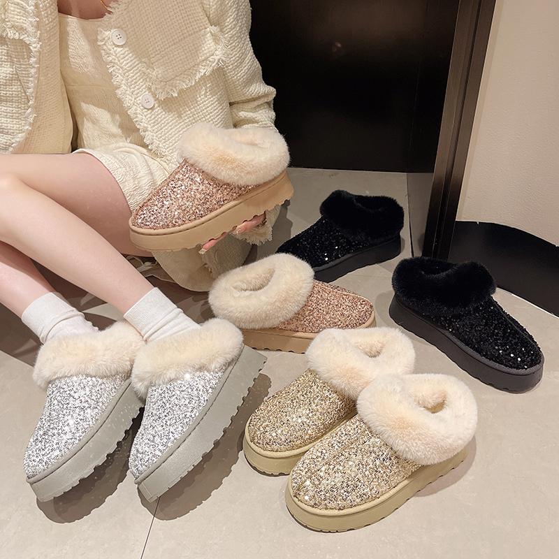 Fashion Winter New Round Toe Deep Mouth Sequin Wool Warm Non-Slip Wear-Resistant Flat Slippers