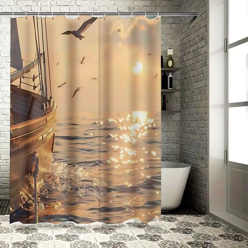 

Boating Serenity Seascape Curtain With Gulls Sunset Bath Decor Nature S Calm For Bathroom Space Enhancement Complimentary Hook W60H190(CM)-1 Pcs