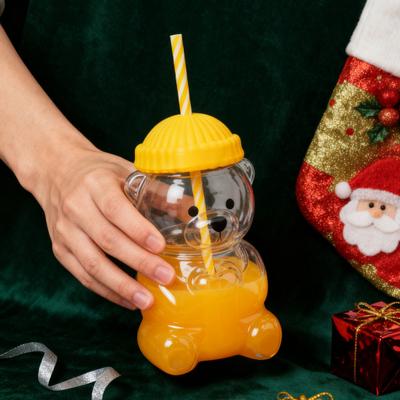 Kubek niekapek z pokrywką i słomką, uroczy wzór misia, szklany kubek do soku, mleka, herbaty, smoothie, bezpieczny w mikrofalówce, kubek na napoje dla dzieci i dorosłych