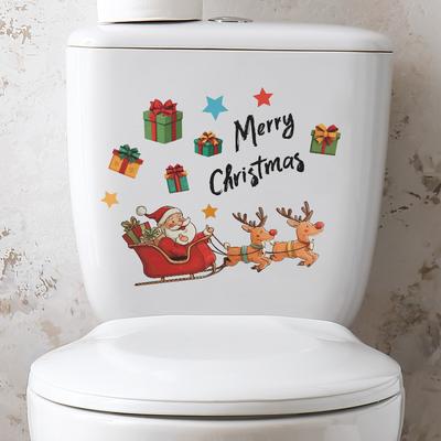 Cartoon-Weihnachtsmann, Rentier, Geschenke und englischer Slogan Toilettenaufkleber für die Heimdekoration