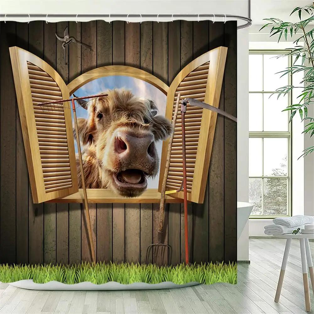 Funny Highland Cow Shower Curtains Farm Cattle Colourful Graffiti Art Bathing Animal Bath Curtain Fabric Bathroom Decor Hooks