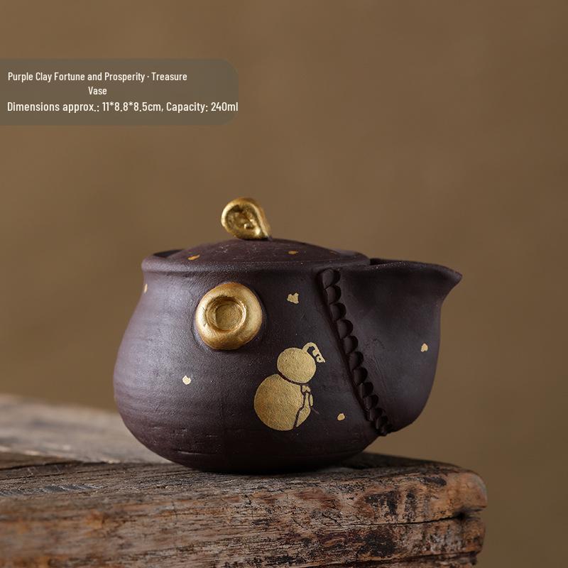 Gold Hand-painted Purple Clay Gourd Teapot - Retro Fu Lu Ceramic Handheld Tea Pot