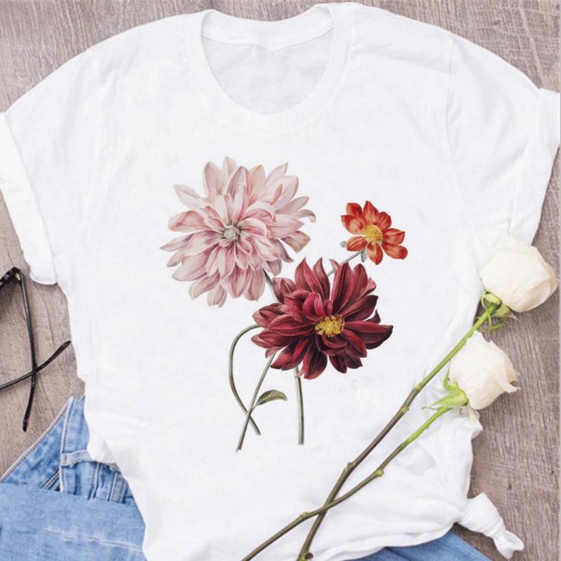 Women's Tops Fashion Flower Floral Print Lady T-shirt Casual Short Sleeve Aesthetic Clothes Shirt T-shirts Female Tops Tees