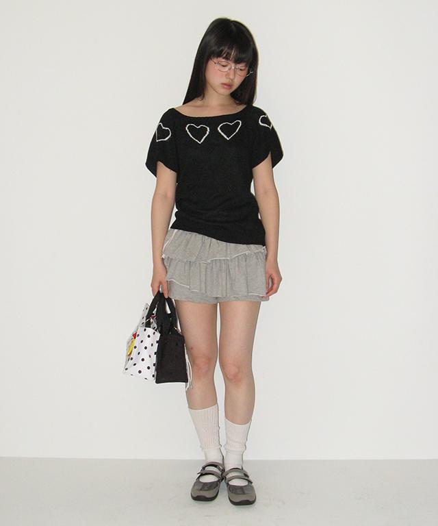 RONRON Heart Line Short Sleeve Knit Black