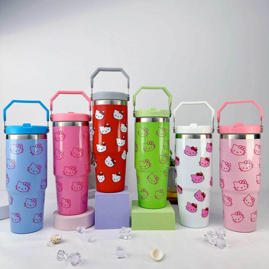 30Oz Car Cup 304 Stainless Steel Vacuum Insulation Cold Preservation Handle Cup Cartoon Kt Cat Car Cup Ice Bar